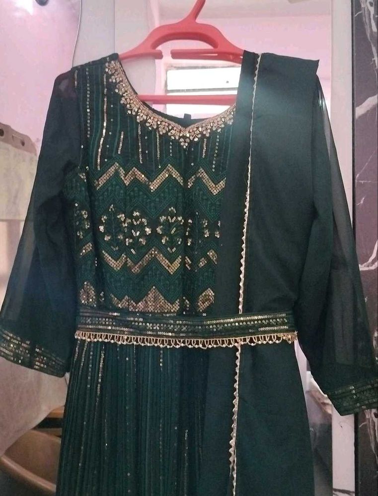Bottle Green Pure Chikankari Chiffon Gown