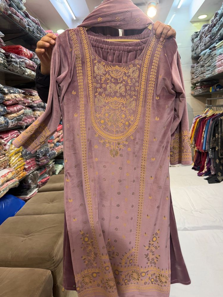 Mauve Velvet Kurta Set Patchwork Design