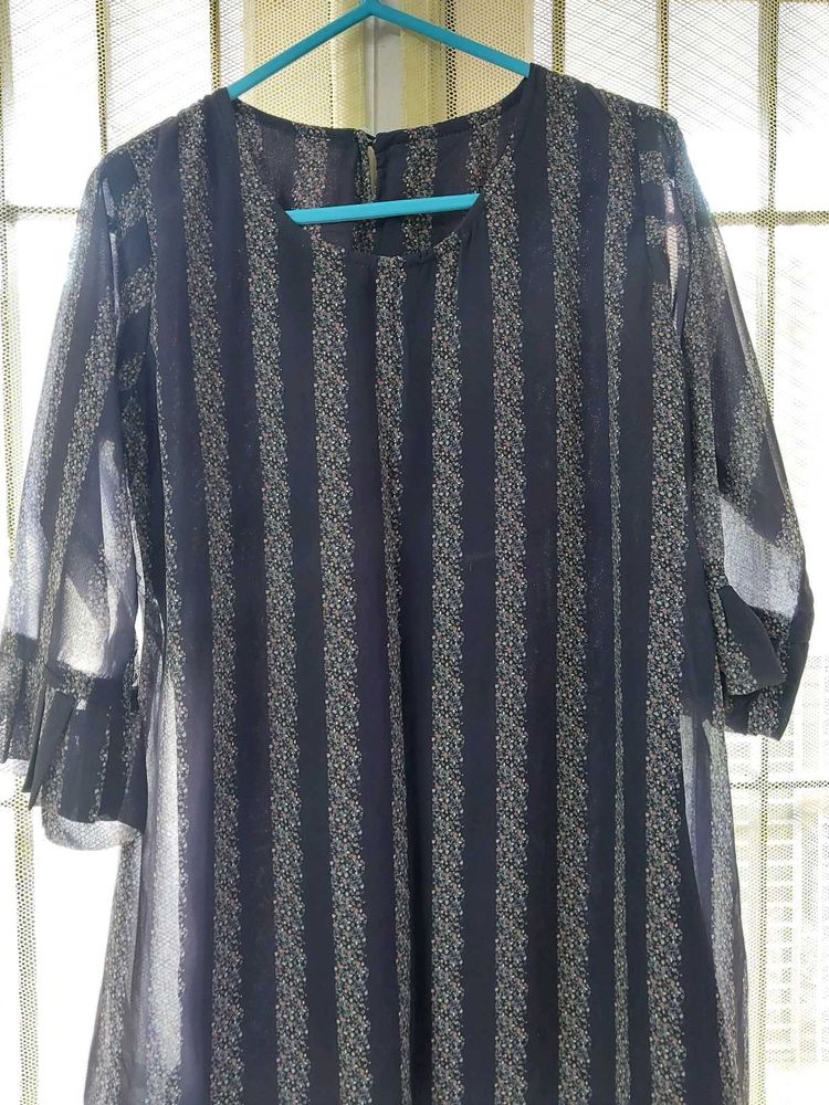 Striped Sheer Sleeve Dress (Size-M)