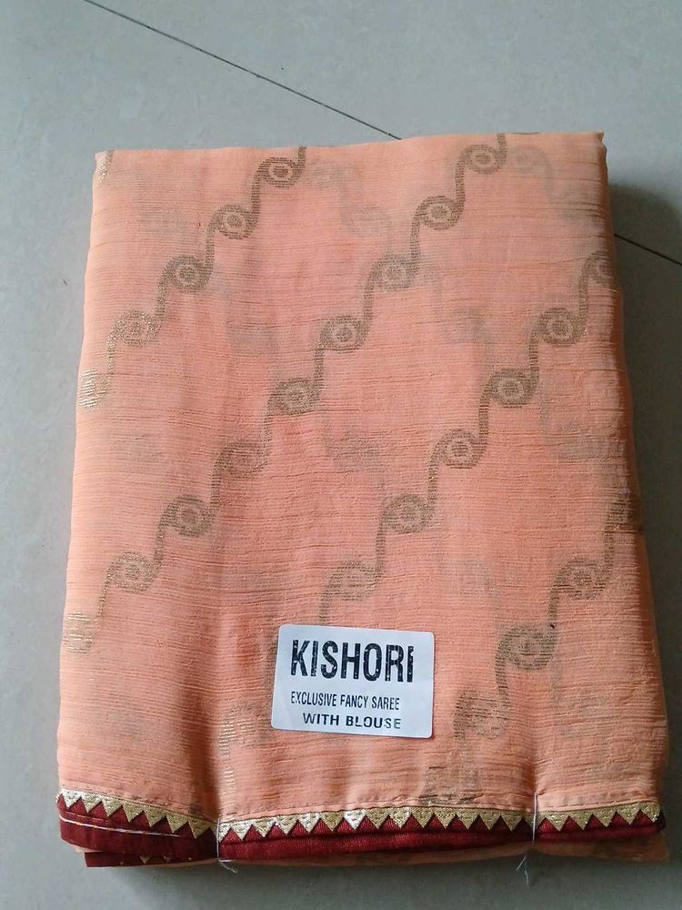 Foil Print Peach Saree With Gotapati Border