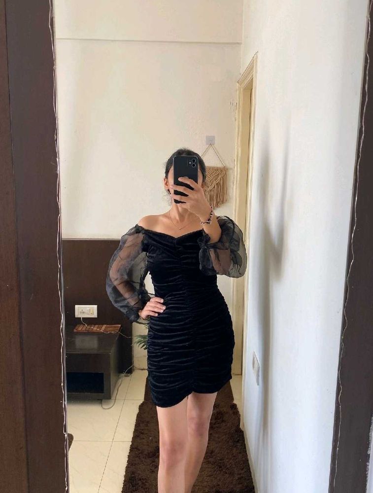 Ruched Black Velvet Mini Dress