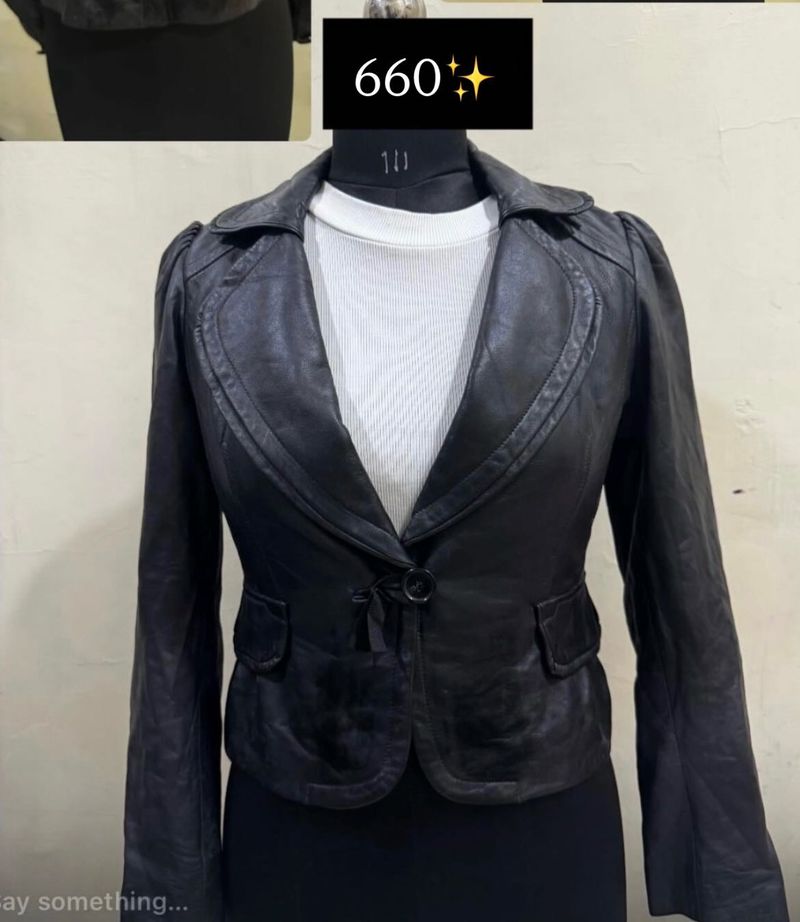 Y2k Fitted Cropped Black Leather Jacket Blazer