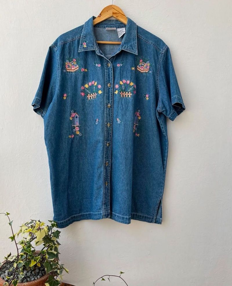 Flower Embroidered Denim Shirt (Vintage)