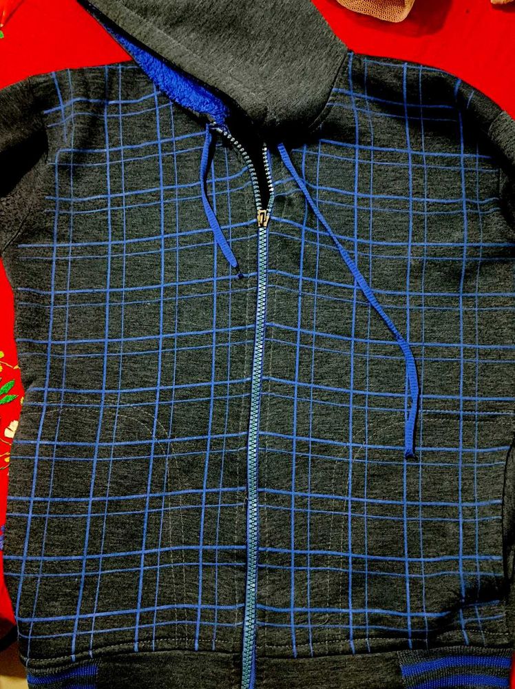 Blue Grid Zip-Up Hoodie