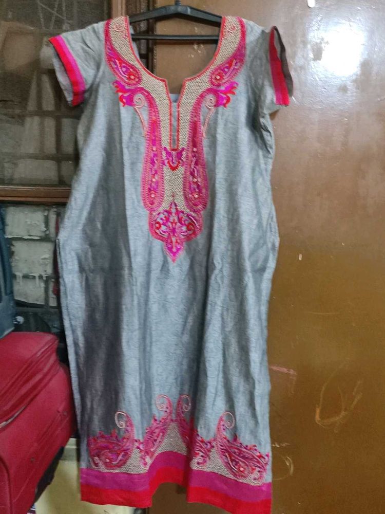 Grey Kurti with Pink And Red Embroidery