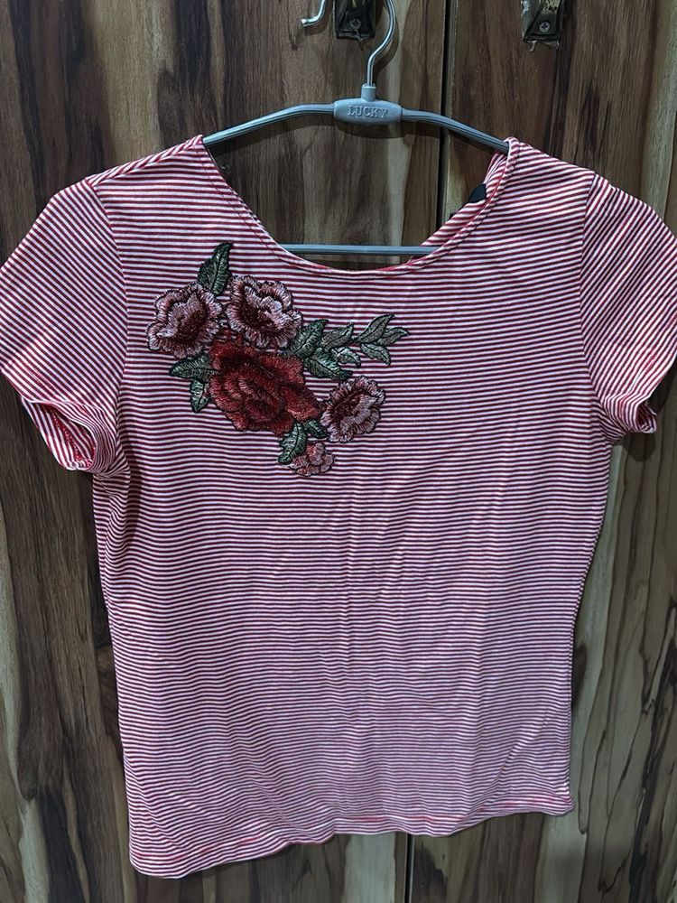 Striped Floral Embroidered Tee