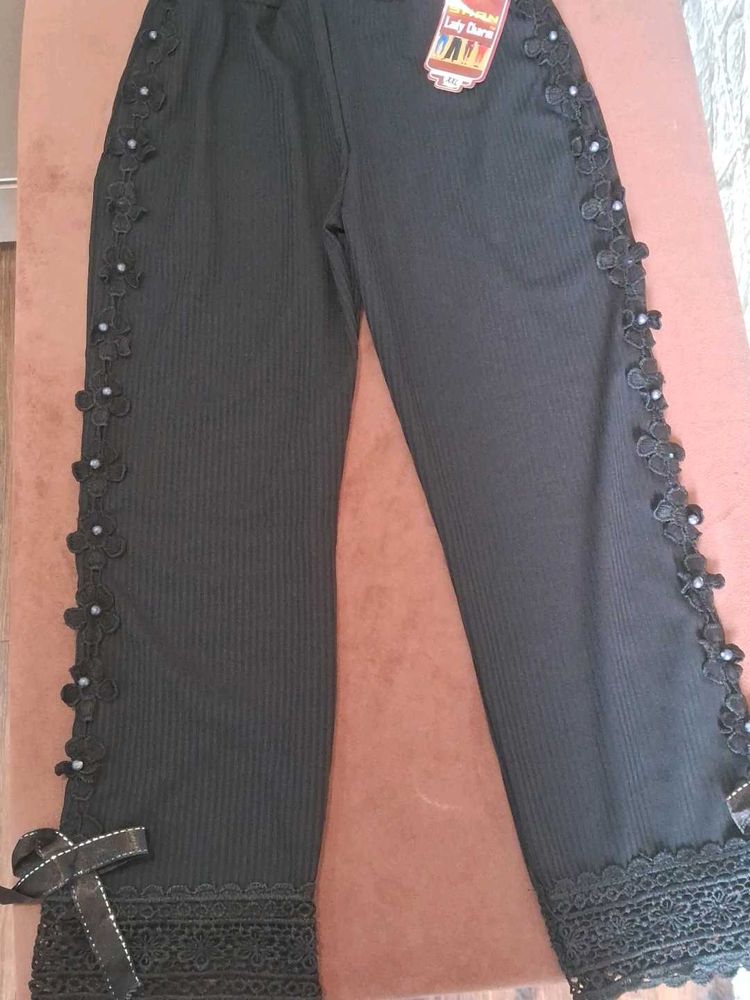 Lady Charm Black Floral Ribbon Pants