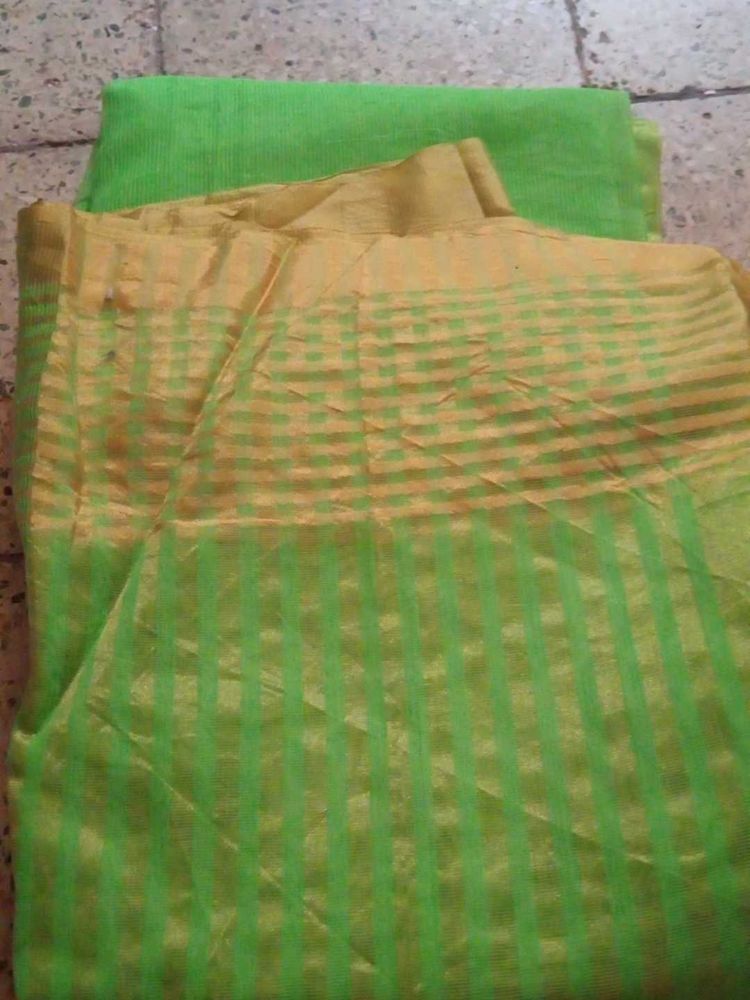Green &amp; Gold Striped Saree Fabric