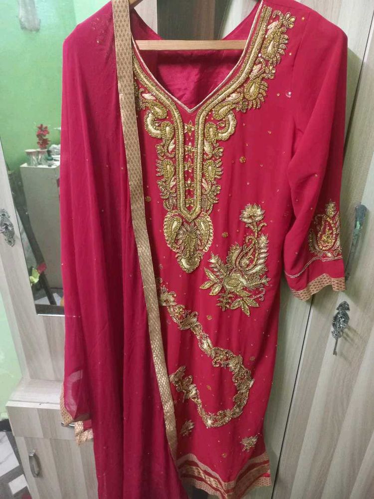 Red Embroidered Kurta Set