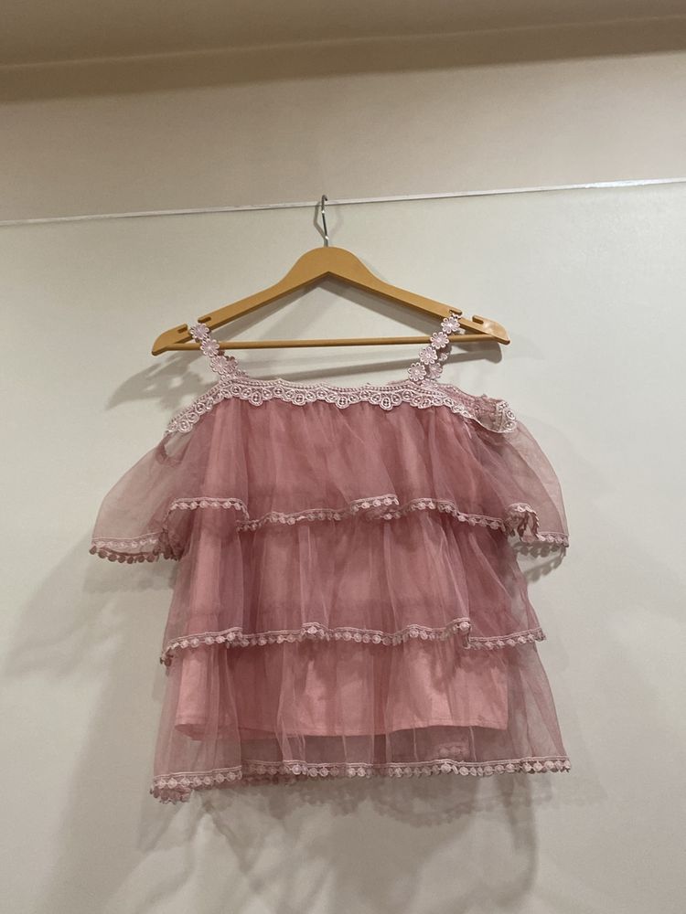 Super Cute Peach Top With Frills &amp; Stylish Sleeves