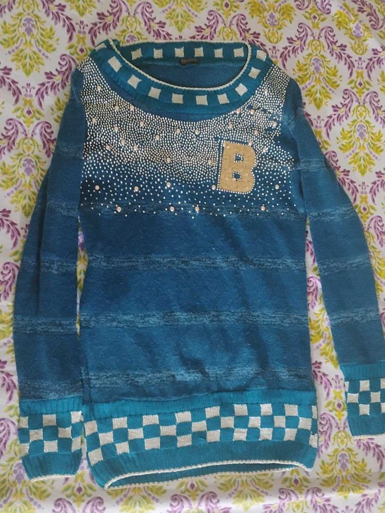 Embellished Blue Knit Pullover