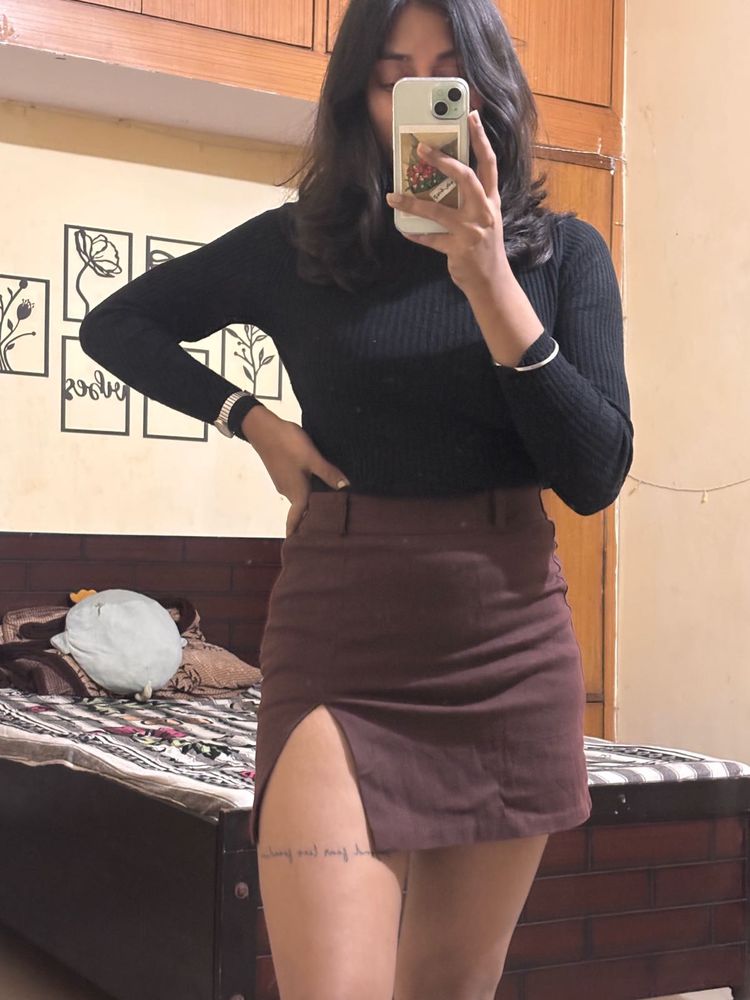 Chic Brown Mini Slit Skirt with inbuilt shorts