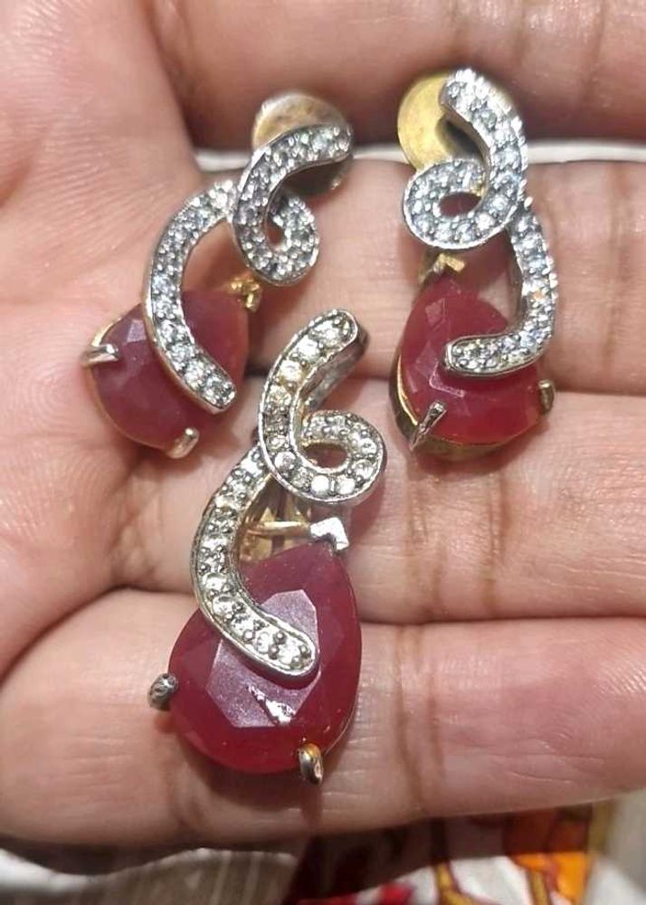 Ruby Drop American Diamod Earrings Pendant Set