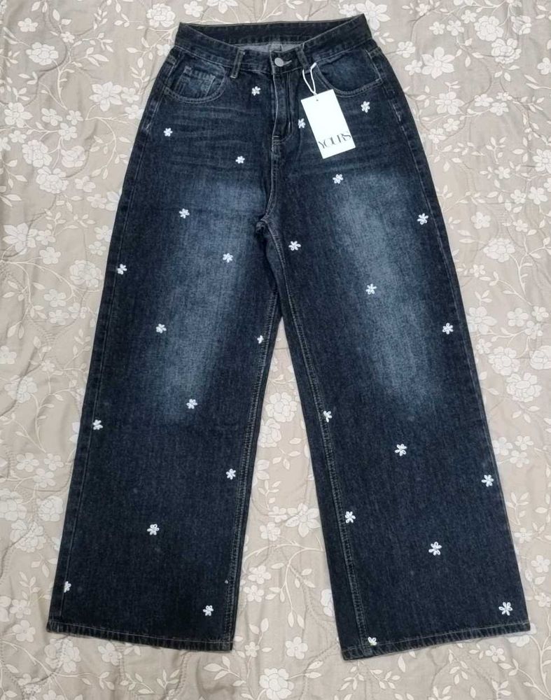 Floral Embroidered Wide Leg Jeans