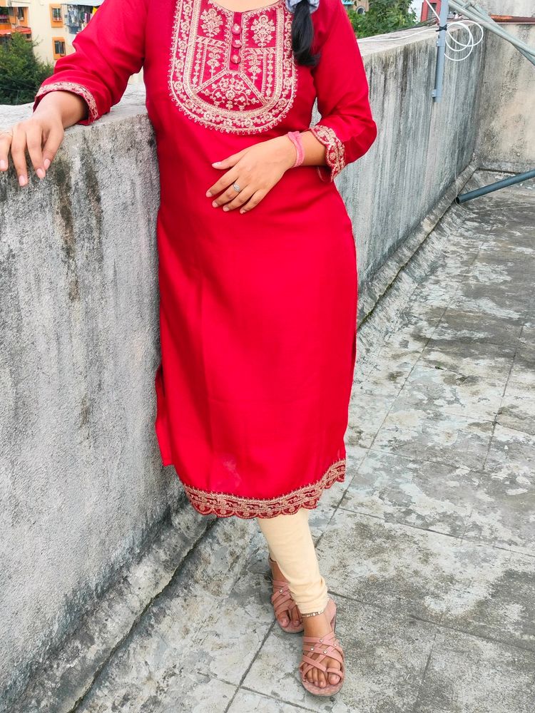 Red Embroidered Kurti