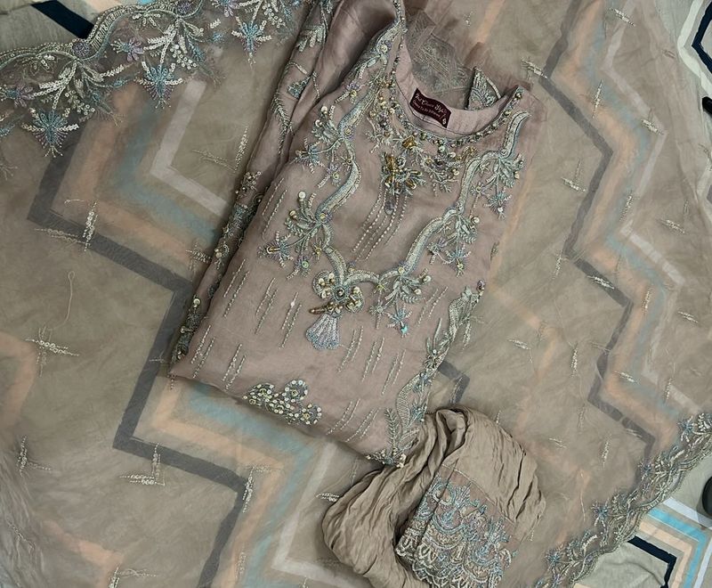 Elegant  Nude Peach Embroidered Pakistani Suit