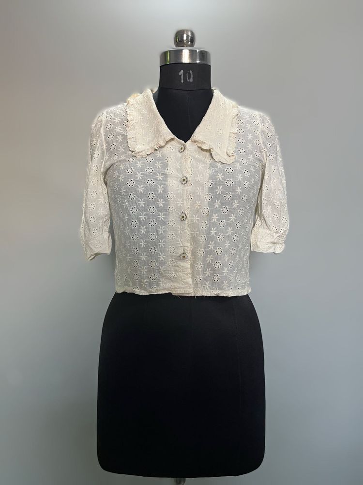Eyelet Peter Pan Collar Crop Top