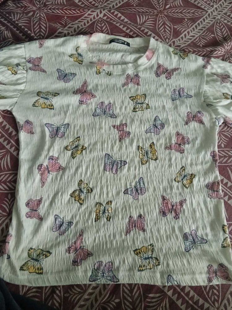 White Butterfly Print Top