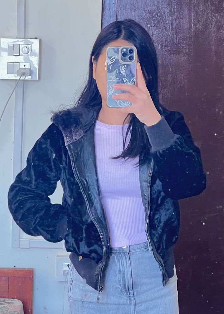 Stylish Black Velvet Bomber Jacket