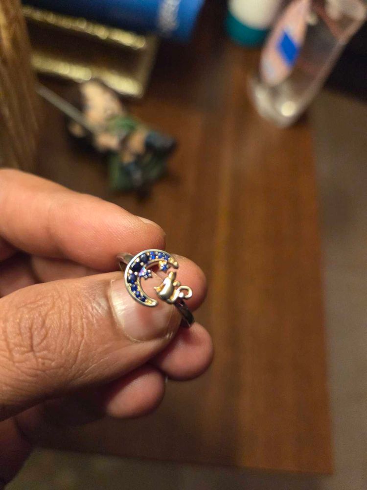 925 Sterling Silver Moon, Star &amp; Cat Ring