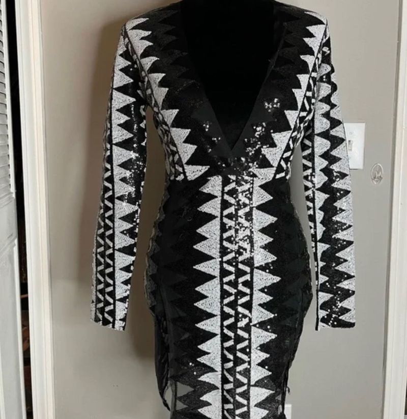 Geometric Sequin Plunge Dress