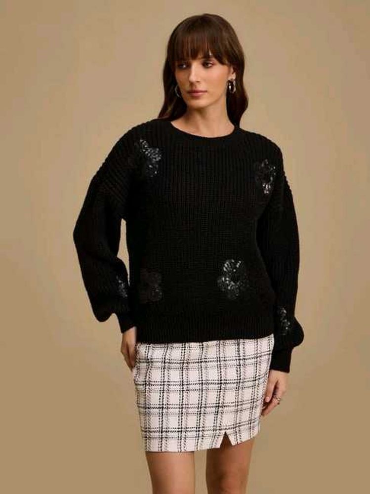 Kazo Stylish Black Knit Sweater, L Size