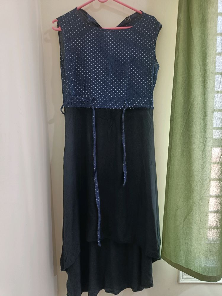 Blue Black Low High Flared Sleeveless Kurthi/Top
