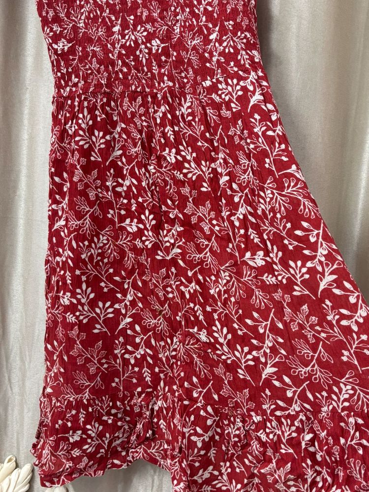 Red Floral Print Smocked Dress