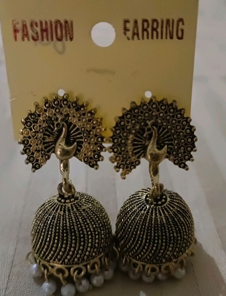 Oxidised Gold Peacock Jhumki