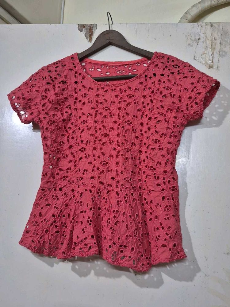 Pink Eyelet Peplum Top