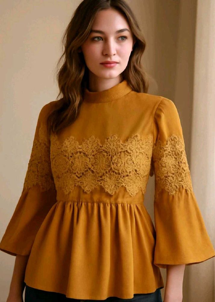 Elegant Mustard Lace Peplum Top🌻🐣