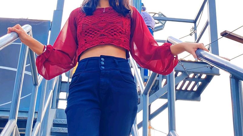 Red Sheer Sleeve Top