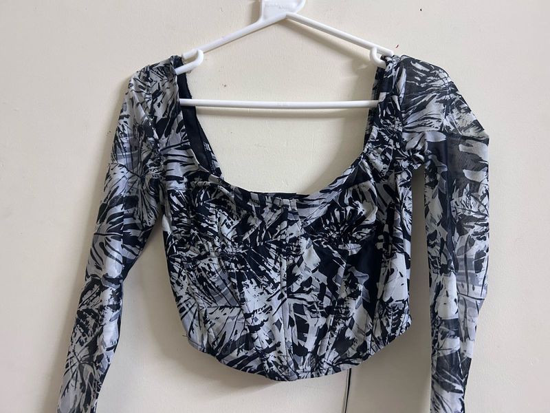 ✨ Black &amp; White Abstract Mesh Corset Top