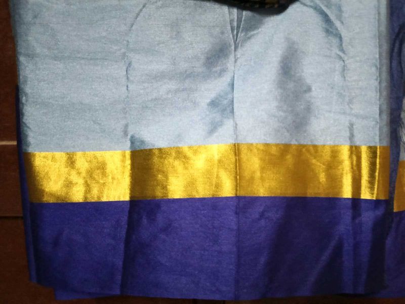 Brand New Cyan+With+Blue Border Cotton Silk Sare
