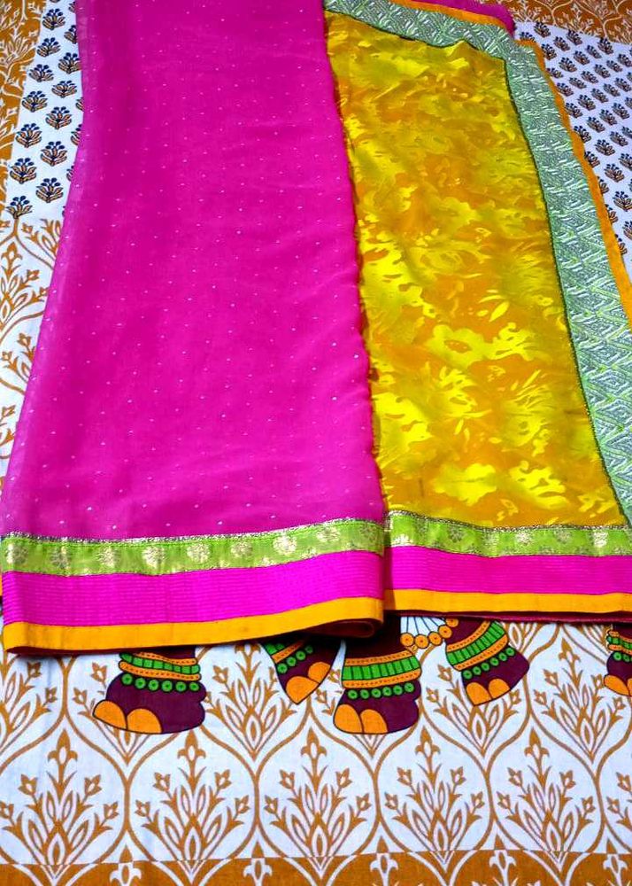 Pink &amp; Yellow Saree with Embellishments