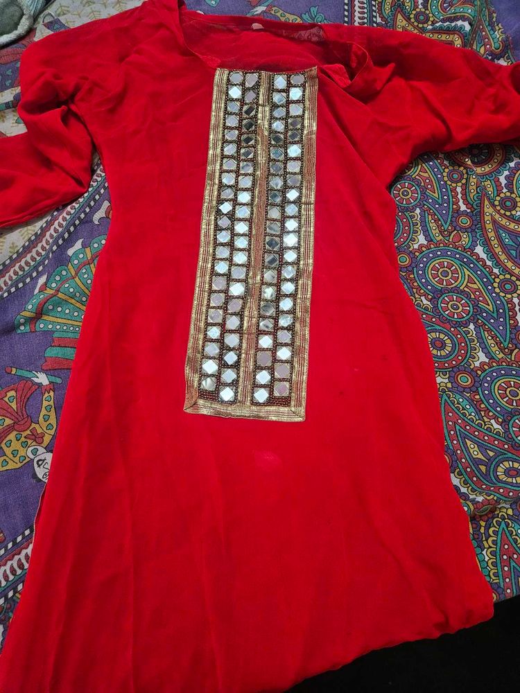 Red Mirror Work Kurta