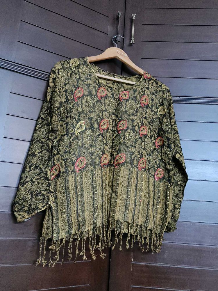 Women Kashmiri Print Sequin Embroidery Wool Top