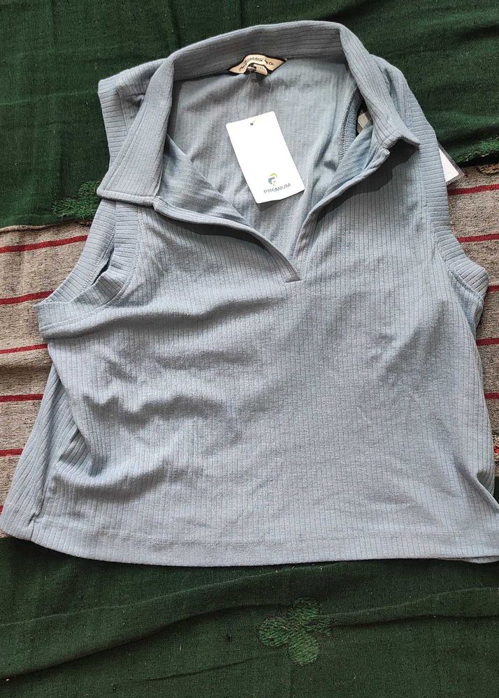 Trendy Blue Ribbed Tank Top