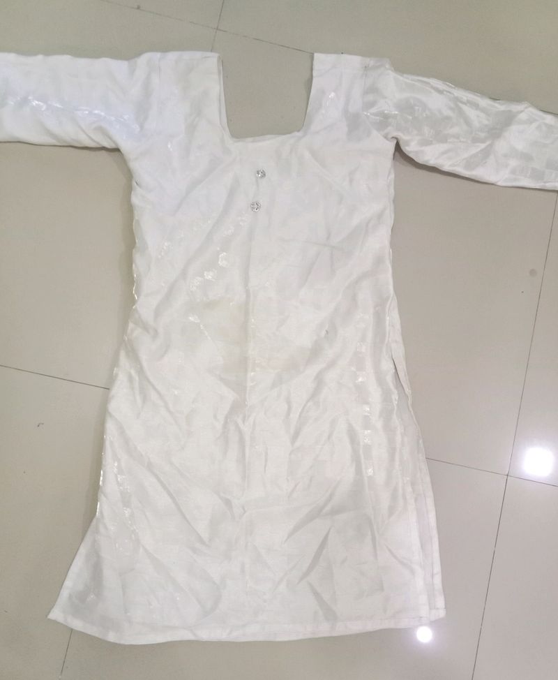 White Kurti Full Sleeves With Glittery Texture