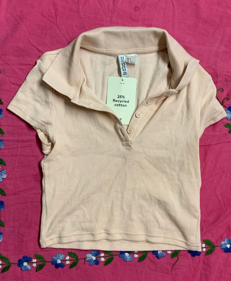 Peach Ribbed Polo Top