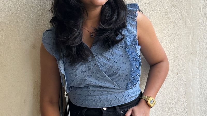 Blue Floral Ruffle Wrap Top
