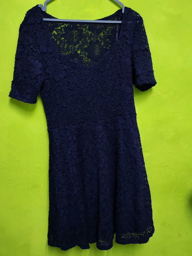 Backless Net Navy Blue Lace Fit &amp; Flare Dress