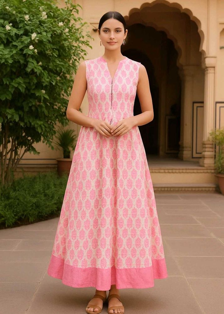 Block Print Pink Sleevless Gown By Meena Bazaar
