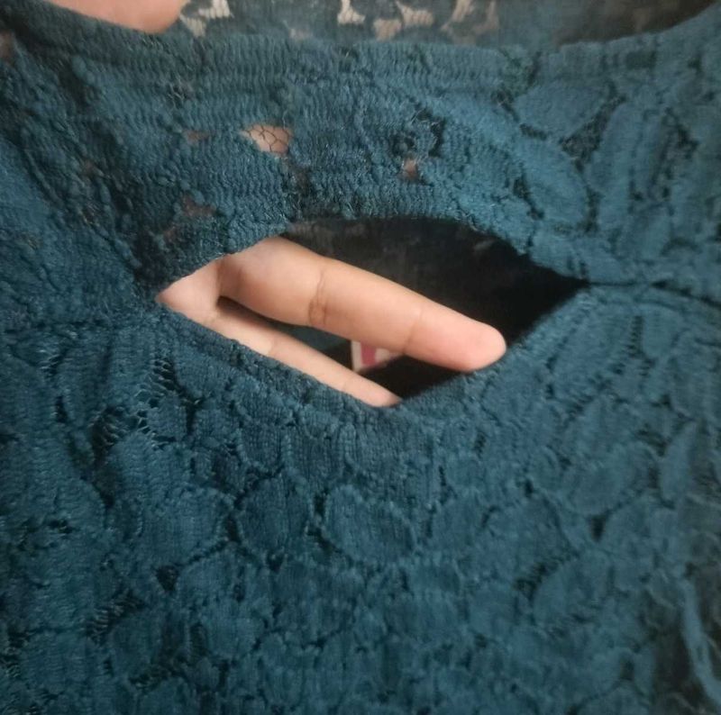 Teal (Front Cut) Blue Lace Fit and Flare Dress