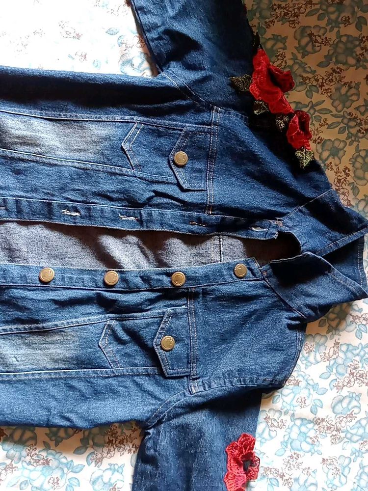 Denim Jacket with Rose Embroidery