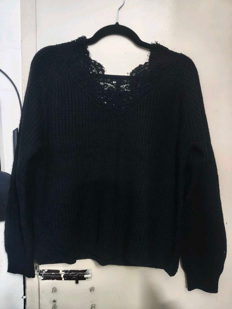 Black Lace Trim V-Neck Sweater