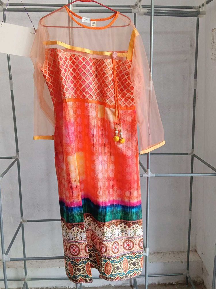 Orange Sheer Sleeve Kurta
