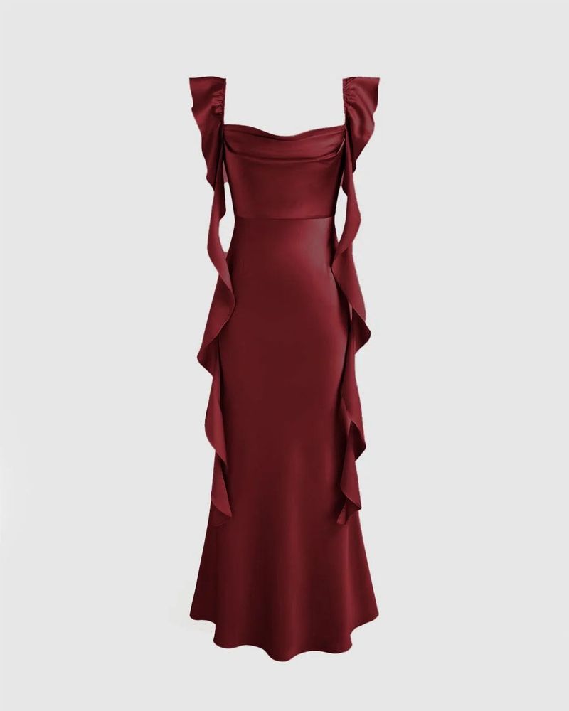 Cowl Neck Ruffle Maxi Dress In Cherry Red