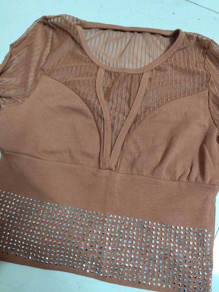 Stylish Brown Sheer Top With Embellishment