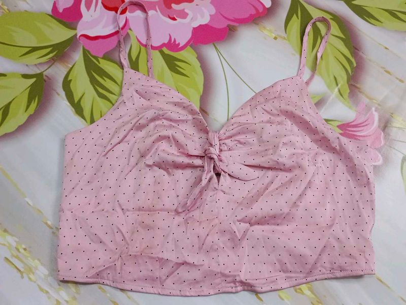 (514)Pink Polka Dot Tie-Front Crop Top